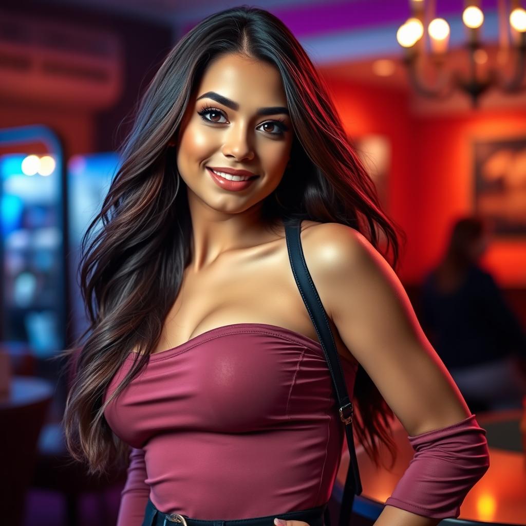 A beautiful, confident young woman posing alluringly in a stylish outfit, showcasing her curves and an engaging smile