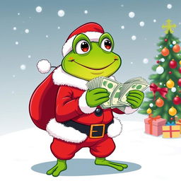 A vector-style illustration of a green frog character resembling Pepe, dressed in a classic Santa Claus outfit, complete with a red jacket, white fur trim, black belt, and red hat