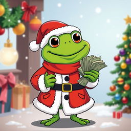 A vector-style illustration of a green frog character resembling Pepe, dressed in a classic Santa Claus outfit, complete with a red jacket, white fur trim, black belt, and red hat