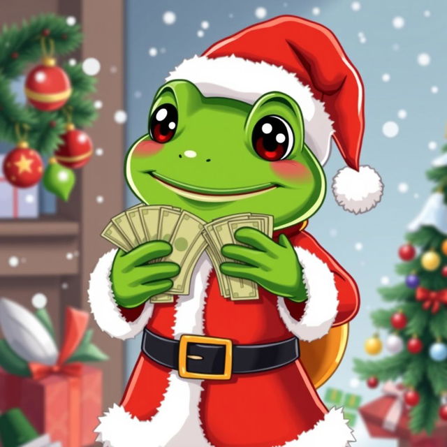 A vector-style illustration of a green frog character resembling Pepe, dressed in a classic Santa Claus outfit, complete with a red jacket, white fur trim, black belt, and red hat