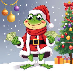 A vector-style illustration of a green frog character resembling Pepe, dressed in a classic Santa Claus outfit, complete with a red jacket, white fur trim, black belt, and red hat