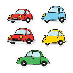 Colorful cartoon-style car stickers, illustrated by hand with a minimalist approach