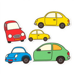 Colorful cartoon-style car stickers, illustrated by hand with a minimalist approach
