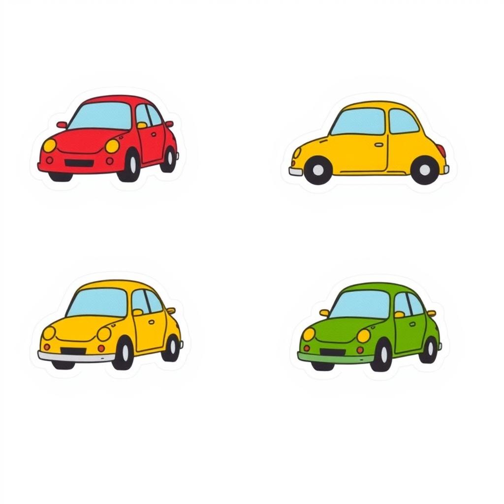 Colorful cartoon-style car stickers, illustrated by hand with a minimalist approach