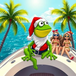 A cartoonish character, Pepe the Frog, dressed as Santa Claus sitting on a luxurious yacht