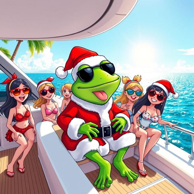 A cartoonish character, Pepe the Frog, dressed as Santa Claus sitting on a luxurious yacht