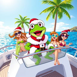 A cartoonish character, Pepe the Frog, dressed as Santa Claus sitting on a luxurious yacht