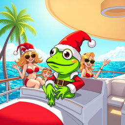 A cartoonish character, Pepe the Frog, dressed as Santa Claus sitting on a luxurious yacht
