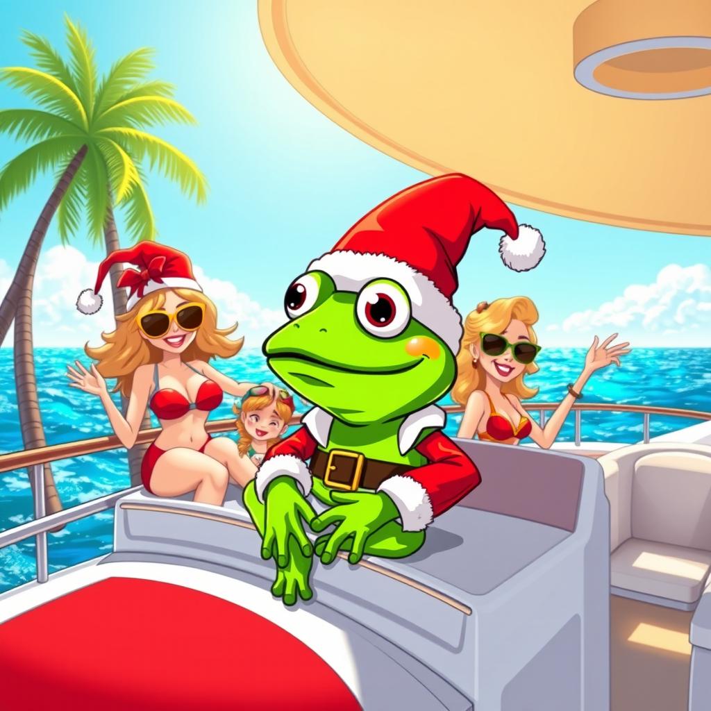 A cartoonish character, Pepe the Frog, dressed as Santa Claus sitting on a luxurious yacht