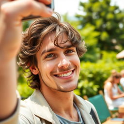 A charming British man with brown hair taking selfies, smiling and showcasing his natural charisma