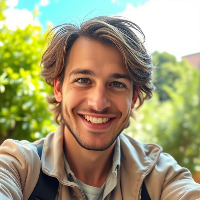 A charming British man with brown hair taking selfies, smiling and showcasing his natural charisma