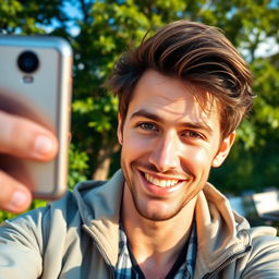 A charming British man with brown hair taking selfies, smiling and showcasing his natural charisma