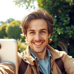 A charming British man with brown hair taking selfies, smiling and showcasing his natural charisma