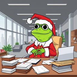A humorous and whimsical illustration of Pepe the Frog dressed as Santa Claus, confidently sitting at a CEO's desk in a modern office