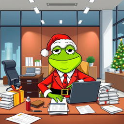 A humorous and whimsical illustration of Pepe the Frog dressed as Santa Claus, confidently sitting at a CEO's desk in a modern office