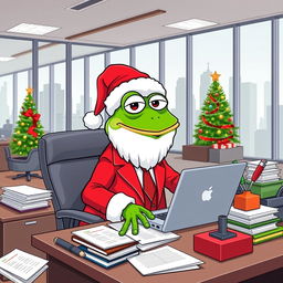 A humorous and whimsical illustration of Pepe the Frog dressed as Santa Claus, confidently sitting at a CEO's desk in a modern office