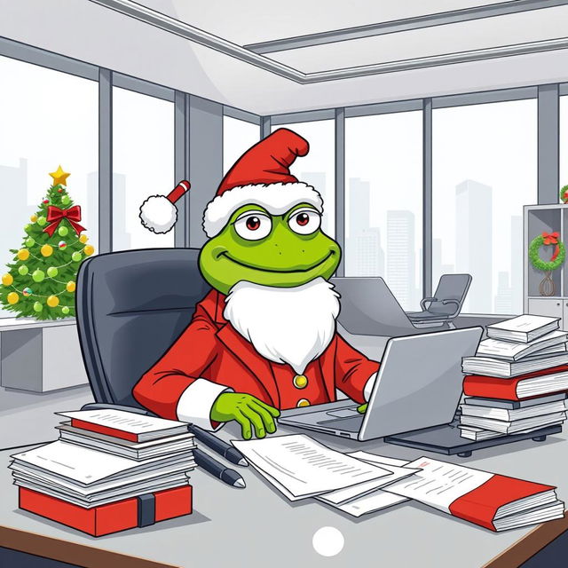 A humorous and whimsical illustration of Pepe the Frog dressed as Santa Claus, confidently sitting at a CEO's desk in a modern office