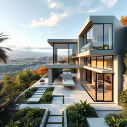 A stunning visual of a contemporary residential home featuring a sleek, cubic exterior adorned with expansive glass windows that reflect the surrounding environment