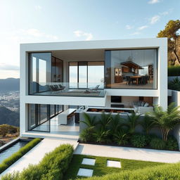 A stunning visual of a contemporary residential home featuring a sleek, cubic exterior adorned with expansive glass windows that reflect the surrounding environment