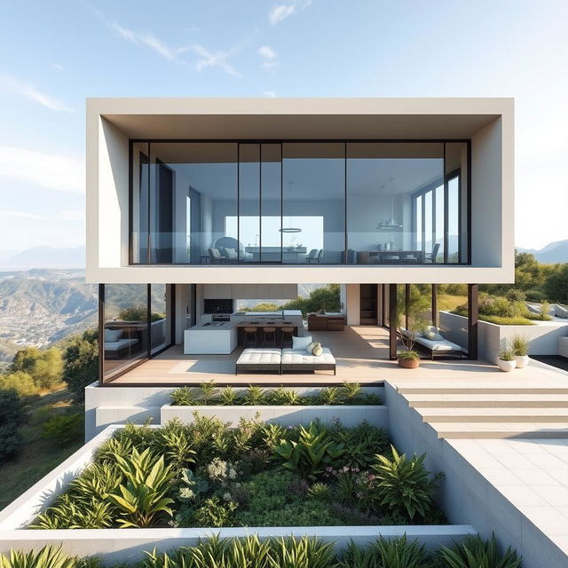 A stunning visual of a contemporary residential home featuring a sleek, cubic exterior adorned with expansive glass windows that reflect the surrounding environment