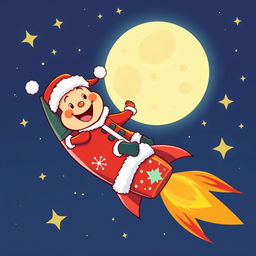 A vibrant and playful vector illustration featuring the character Pepe dressed up as Santa Claus, joyfully riding a rocket towards the moon