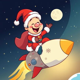 A vibrant and playful vector illustration featuring the character Pepe dressed up as Santa Claus, joyfully riding a rocket towards the moon