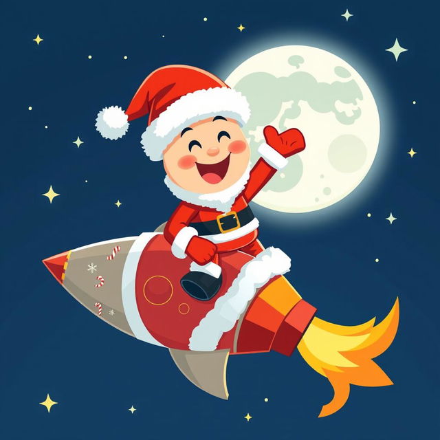 A vibrant and playful vector illustration featuring the character Pepe dressed up as Santa Claus, joyfully riding a rocket towards the moon