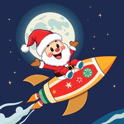 A vibrant and playful vector illustration featuring the character Pepe dressed up as Santa Claus, joyfully riding a rocket towards the moon