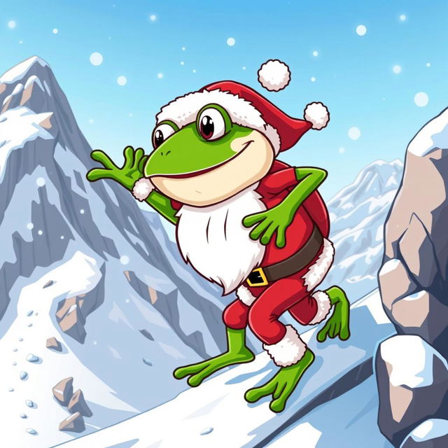 A cartoon-style vector illustration of Pepe the Frog dressed as Santa Claus, energetically climbing a snowy mountain