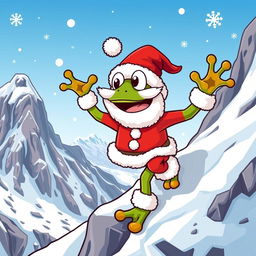 A cartoon-style vector illustration of Pepe the Frog dressed as Santa Claus, energetically climbing a snowy mountain