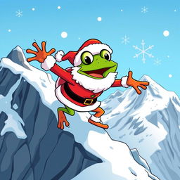 A cartoon-style vector illustration of Pepe the Frog dressed as Santa Claus, energetically climbing a snowy mountain