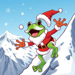 A cartoon-style vector illustration of Pepe the Frog dressed as Santa Claus, energetically climbing a snowy mountain