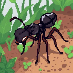A pixel art depiction of an ant worker, featuring intricate details in the body segments, and a variety of shades of black and brown to represent the ant's exoskeleton
