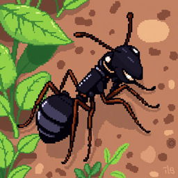 A pixel art depiction of an ant worker, featuring intricate details in the body segments, and a variety of shades of black and brown to represent the ant's exoskeleton