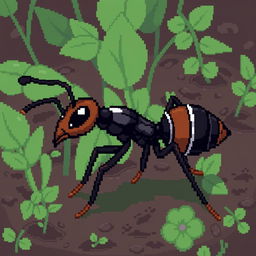 A pixel art depiction of an ant worker, featuring intricate details in the body segments, and a variety of shades of black and brown to represent the ant's exoskeleton