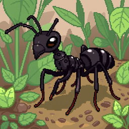 A pixel art depiction of an ant worker, featuring intricate details in the body segments, and a variety of shades of black and brown to represent the ant's exoskeleton