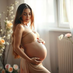 A beautiful pregnant Russian woman posing gracefully, celebrating her pregnancy, with soft natural light illuminating her curves