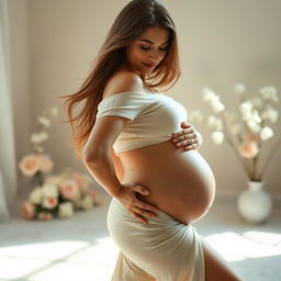 A beautiful pregnant Russian woman posing gracefully, celebrating her pregnancy, with soft natural light illuminating her curves