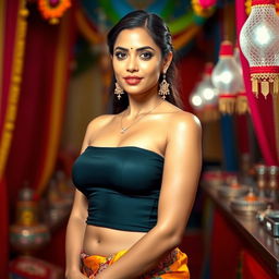 An Indian woman with fair skin, dressed in a tight-fitting blouse that accentuates her curves
