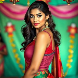 An Indian woman with fair skin, dressed in a tight-fitting blouse that accentuates her curves