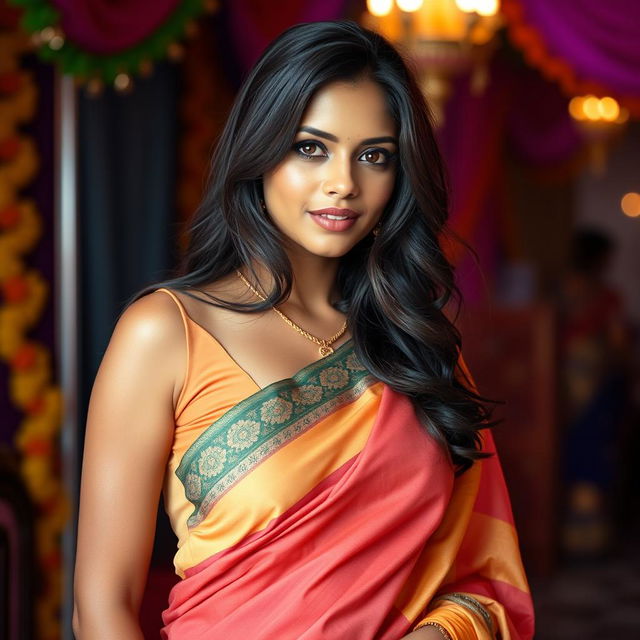 An Indian woman with fair skin, dressed in a tight-fitting blouse that accentuates her curves