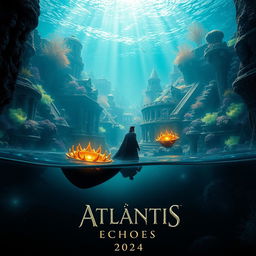 A stunning teaser poster for the movie 'Atlantis: Echoes (2024)', featuring a breathtaking underwater cityscape of Atlantis illuminated by bioluminescent creatures