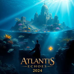 A stunning teaser poster for the movie 'Atlantis: Echoes (2024)', featuring a breathtaking underwater cityscape of Atlantis illuminated by bioluminescent creatures