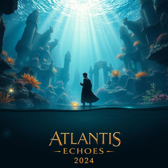 A stunning teaser poster for the movie 'Atlantis: Echoes (2024)', featuring a breathtaking underwater cityscape of Atlantis illuminated by bioluminescent creatures