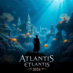 A stunning teaser poster for the movie 'Atlantis: Echoes (2024)', featuring a breathtaking underwater cityscape of Atlantis illuminated by bioluminescent creatures