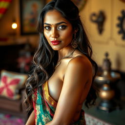 An Indian woman with fair skin and an alluring, confident pose