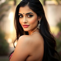 A beautiful Indian woman with fair skin and long, dark hair, exuding sensuality