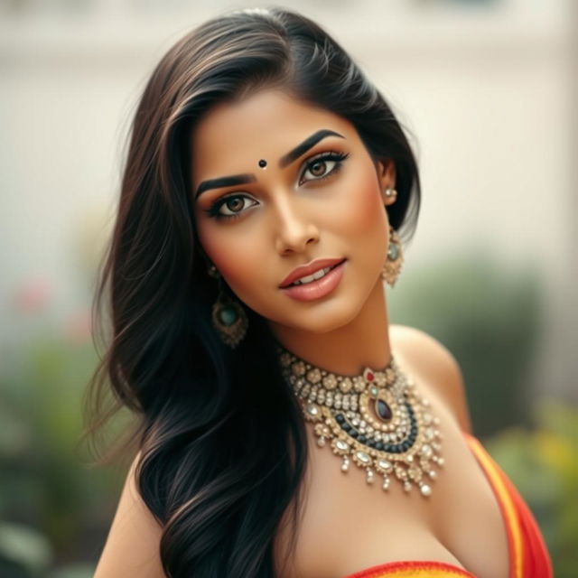 A beautiful Indian woman with fair skin and long, dark hair, exuding sensuality