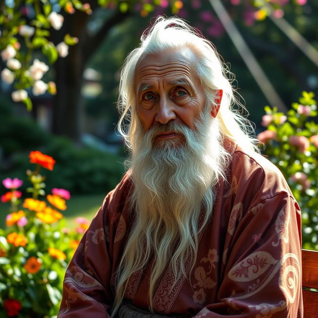 A wise old man with a long white beard and deep-set, thoughtful eyes