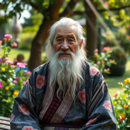 A wise old man with a long white beard and deep-set, thoughtful eyes